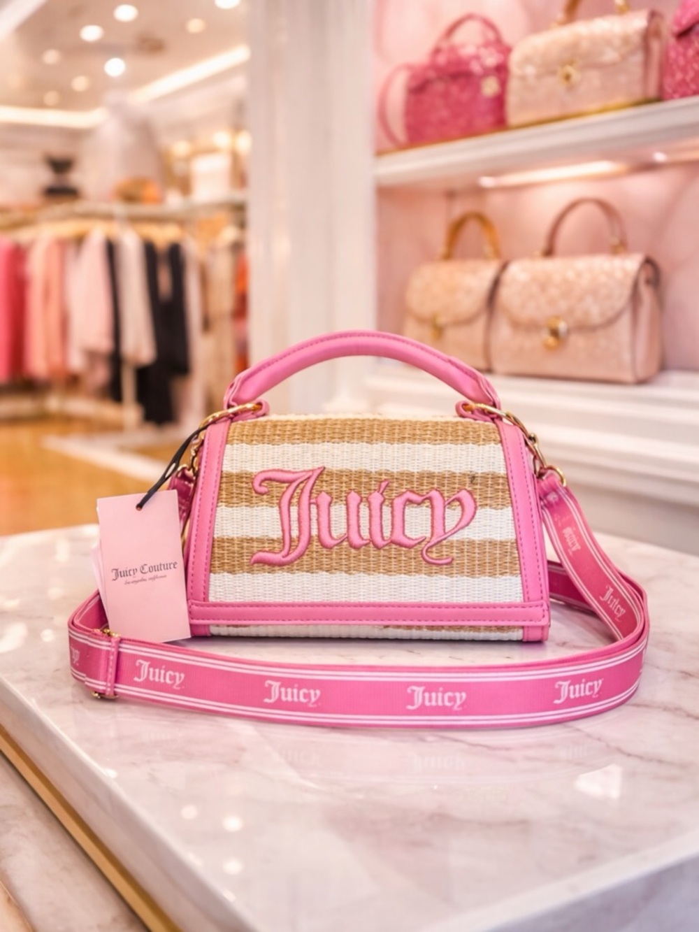 Juicy Couture Straw & Pink Crossbody Bag/Purse Adjustable Logo Strap Summer Chic